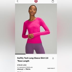 Lululemon Sonic Pink Swiftly Tech Long Sleeve